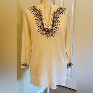 Elementz Cream and Brown Embroidered 3/4 Sleeve Tunic, beach cover-up